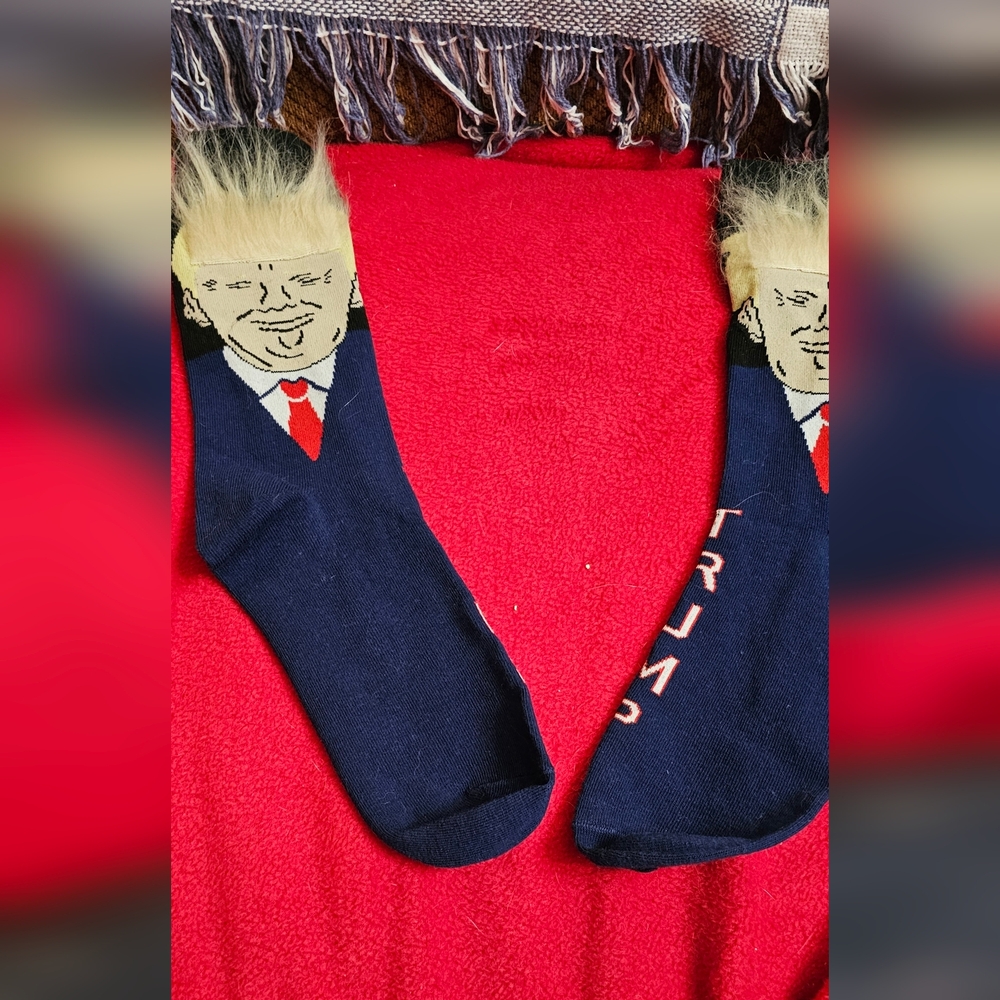 Novelty Navy Blue TRUMP Socks with Faux Hair Trim